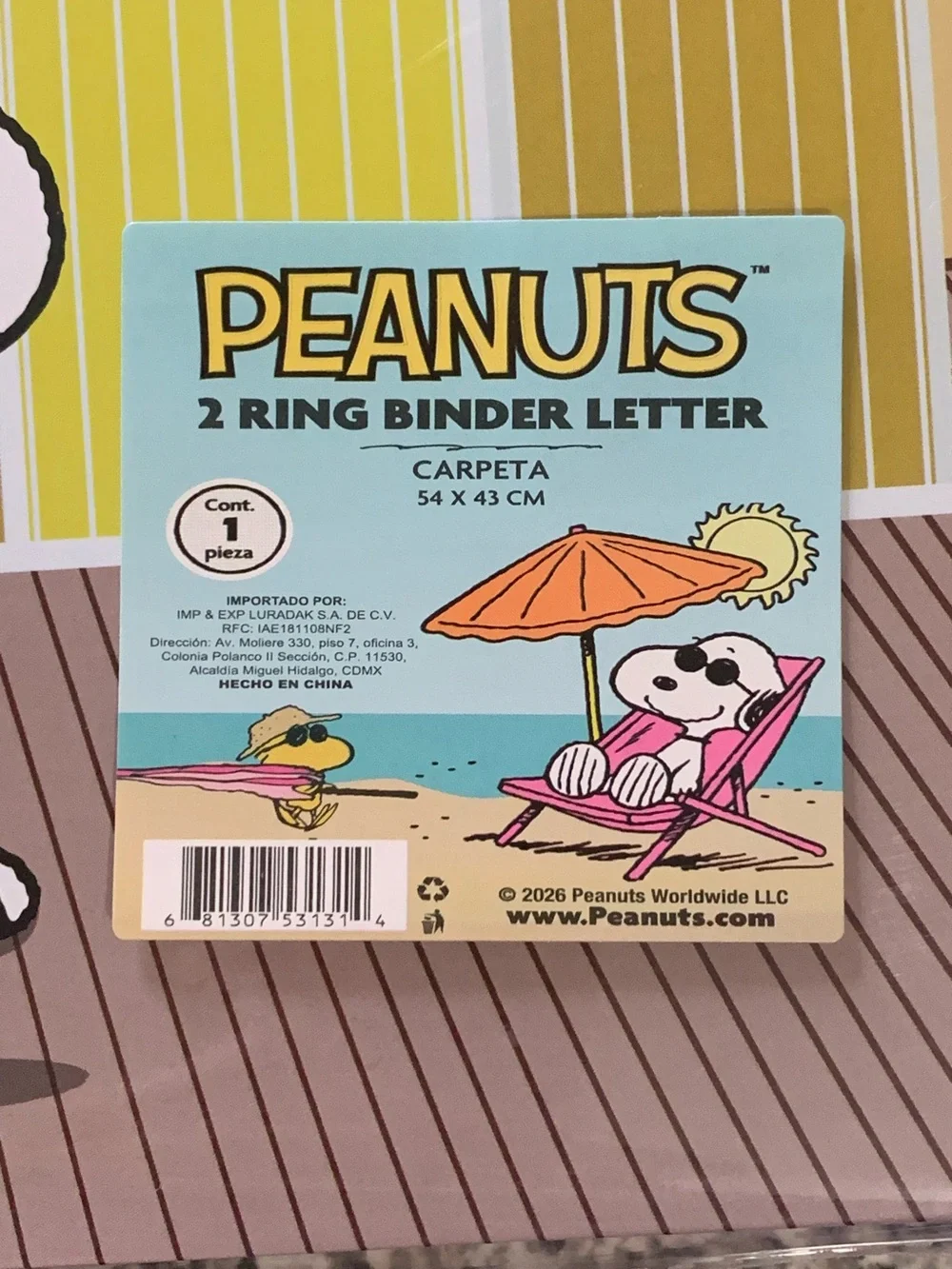 Peanuts Beach Snoopy Binder 2 Ring Binder - Light Blue Pink Yellow Orange